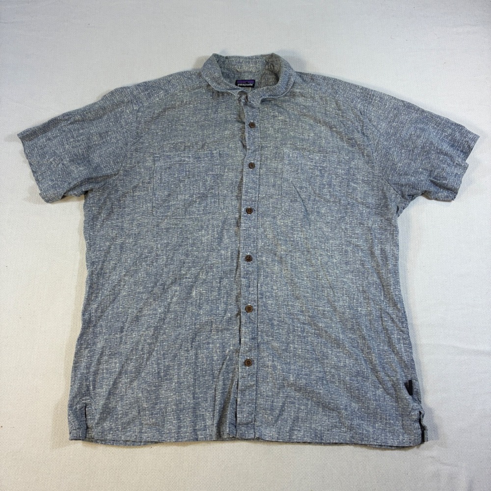 Patagonia‎ Mens XL Blue Hemp Organic Cotton Short Sleeve Button Down Shirt